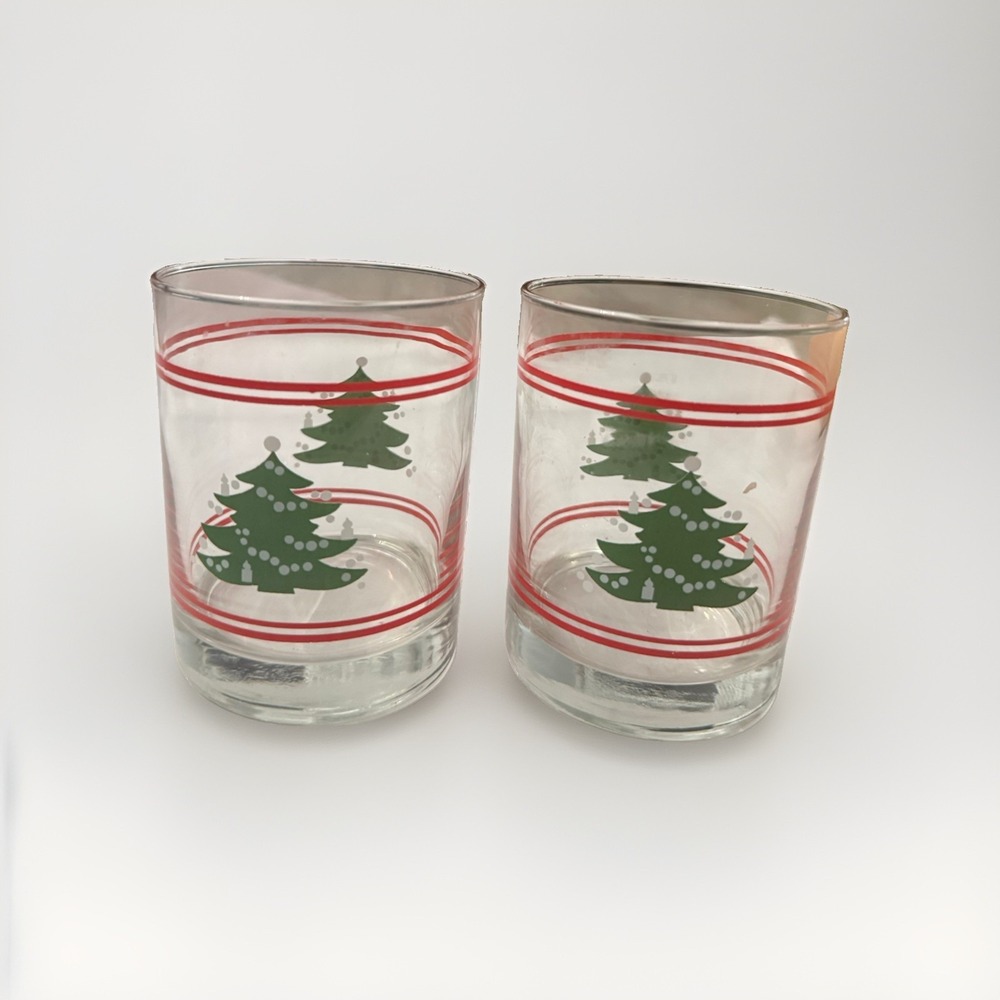 Vtg Christmas Waechtersbach Glassware Xmas Tree Single Red Band Rocks Set of 2